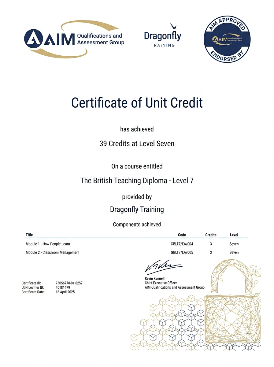 Sample British Teaching Diploma Level 7 certificate awarded by AIM Qualifications and Assessment Group